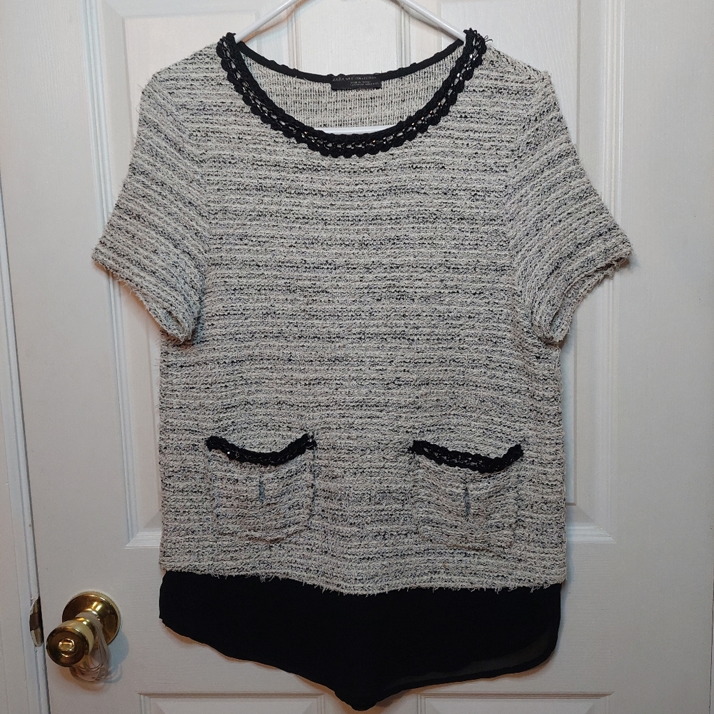 Zara W&B Collection White Black Tweed Chain Neck Short Sleeve Sweater Top Size M